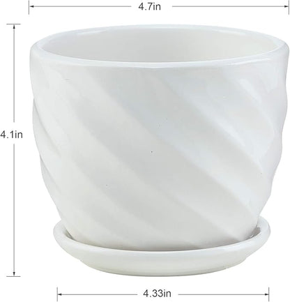 sietpoek Plant Pots - 4.7 Inch Cylinder Ceramic Planters with Connected Saucer, Pots for Succuelnt and Little Snake Plants, Set of 4, White