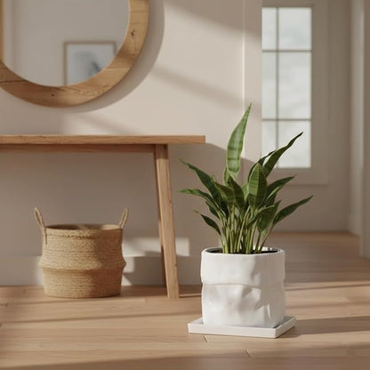 Nihow 8 Inch Ceramic Plant Pot with Drainage & Square Saucer,White | Bag Shape Design,Indoor & Outdoor,Living room/Office/Bedroom/Windowsill/Tabletop,Plant Lovers/Gardeners/Beginners