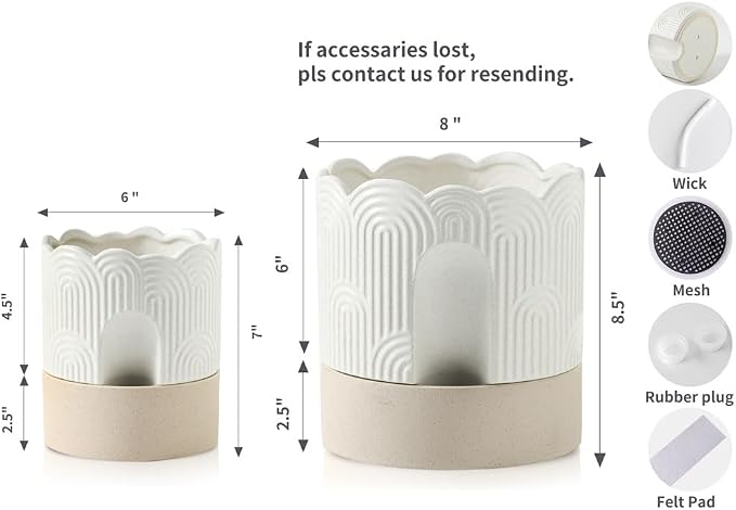Nihow Ceramic Self Watering Pots for Indoor Plants, 6+8 Inch,Beige Set 2 | Visible Water Level Fill Port,Planter with Cotton Wick,Water Storage Plus, Cylinder Round Flower Pot, Succulent/Herbs/Violets