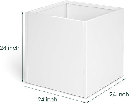 White Steel Planter 24 Inch Square Outdoor Planters Galvanized Steel Planter Box Indoor Metal Large Planters Cube Heavy Duty Planter Modern Commercial Residential for Plants Trees Patio Yard Garden