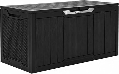 YITAHOME 100 Gallon Large Outdoor Storage Box | Water Resistant Resin Deck Box w/Silver Decorative PVC Trim Pane, Lockable Rattan Storage Container for Patio, Garden