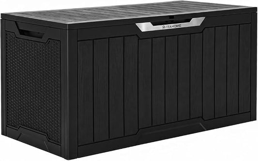 YITAHOME 100 Gallon Large Outdoor Storage Box | Water Resistant Resin Deck Box w/Silver Decorative PVC Trim Pane, Lockable Rattan Storage Container for Patio, Garden