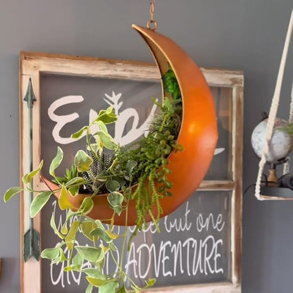 Gold Hanging Moon Planter – with Drain Holes - Moon Room Decor - Unique Planters for Succulents,Air Plant, Cactus, Artificial Plants- Plant Lover Gifts - Boho,Hippie, Birthdays,Witchy Gifts for Women