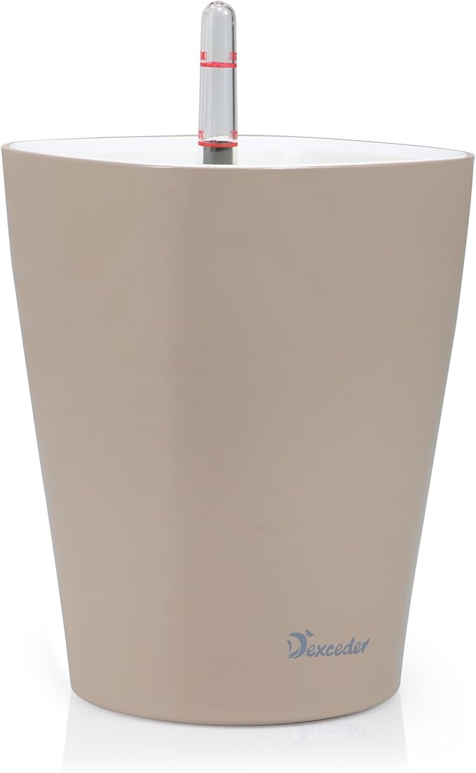 Dexceder 6x7 Self Watering Planter (Taupe) | High Gloss Table Flower Plant Pot with Water Level Indicator Indoor Outdoor
