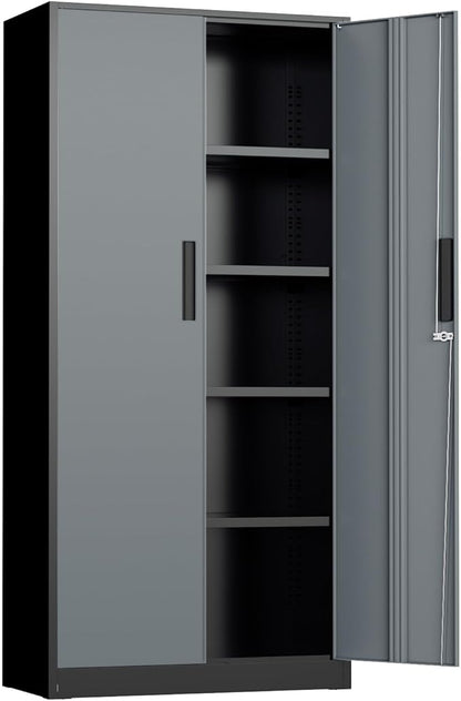 INTERGREAT Metal Storage Cabinet, 72" Locking Steel Cabinets with 2 Door and 4 Adjustable Shelves, Tall Metal Cabinet for Home Office, Garage, Warehouse,(Black+Grey)