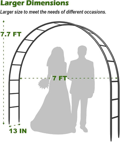 Queension Metal Wedding Arch for Ceremony Party Decoration 7Ft Wide 7.7Ft High,Garden Arch Trellis with Ground Bases for Climbing Plants,Outdoor Garden Arbor for Roses Vines, Round Frame, Black