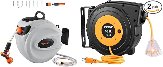VEVOR Retractable Hose Reel, 65 ft x 5/8 inch, 180° Swivel Bracket Wall-Mounted & Retractable Extension Reel, 50 FT Heavy Duty 14AWG/3C SJTOW Power Cord