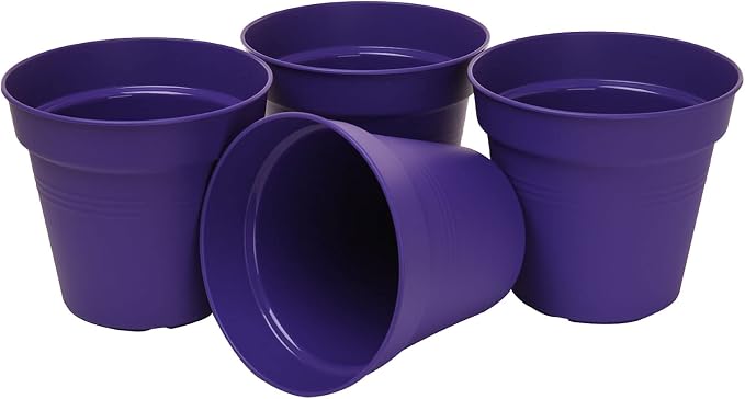 Mintra Garden Pots, 4 Pack Bulk Plastic Plant Pots with Drainage Tray, Round Indoor & Outdoor Decorative Planters with Drain Holes for Flowers, Herbs & Plants, 17cm Diameter – Purple, 6.6 in