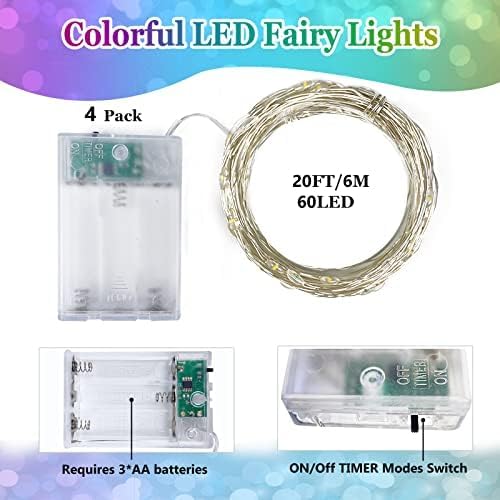 4 Pack 60 LED Fairy Lights Battery Operated with Timer, 20FT Waterproof String Lights Indoor Outdoor, Cuttable Battery Light for Home Bedroom Wedding DIY Centerpiece Christmas Decorations (Multicolor)
