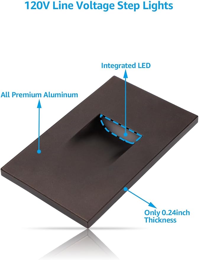LEONLITE 6-Pack 3CCT 120V LED Step Lights, Vertical, Oil Rubbed Bronze | 110LM, 5%-100% Dimmable, CRI90, ETL, Indoor Outdoor Stair Lights, Wet Location, 3000K/4000K/5000K, Aluminum