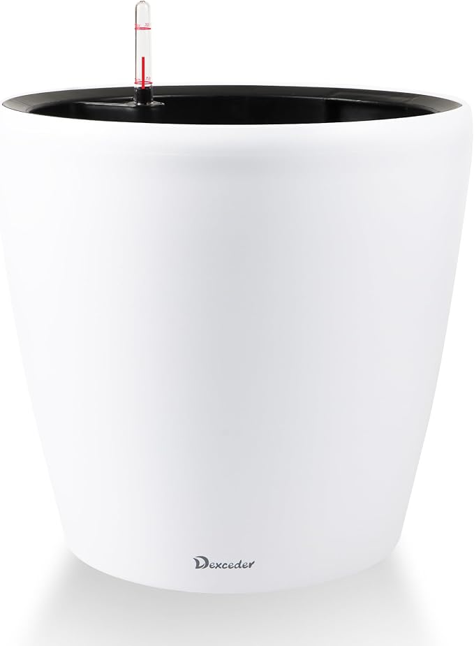 Dexceder 18x17 Self Watering Planter with Wheels (White Matte) | Inner Pot Design, Thickened Large Floor Standing Flower Plant Pot with Water Level Indicator Indoor Outdoor
