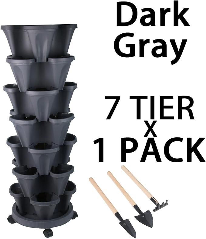 GameXcel Vertical Planter Tower - 7 Tier Stackable Garden Planters with Wheels and Tools Plant Pots for Strawberry Herb Flower and Vegetable Indoor Outdoor Use Dark Gray