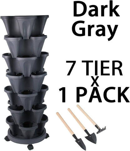GameXcel Vertical Planter Tower - 7 Tier Stackable Garden Planters with Wheels and Tools Plant Pots for Strawberry Herb Flower and Vegetable Indoor Outdoor Use Dark Gray