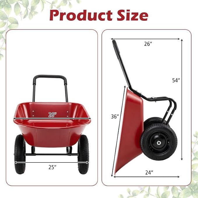 ERGOMASTER Dual-Wheel Wheelbarrow, Home Utility Garden Cart, Large Heavy Duty Yard Cart for Gardening (Red)