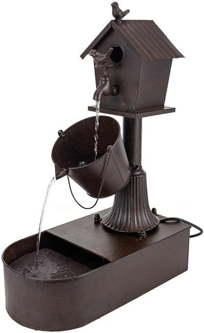 Metal Outdoor Garden Fountain 27" Soothing Water Flow | Rustproof Garden Water Features with Pumb & Debris Filter Screen, Heavy Duty Birdhouse Waterfall for Outside Patio Yard Porch