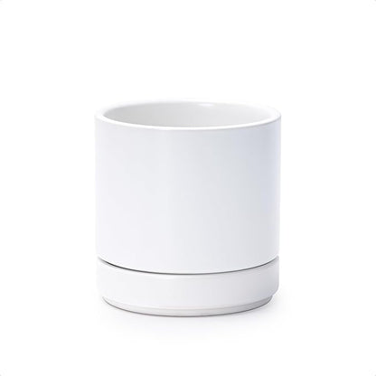 D'vine Dev 4.7 Inch Ceramic Planter Pot, White, 94-O-B-1 | Modern Cylinder Design, Drainage Hole & Saucer Included, Stable Structure, Elegant Home Accent