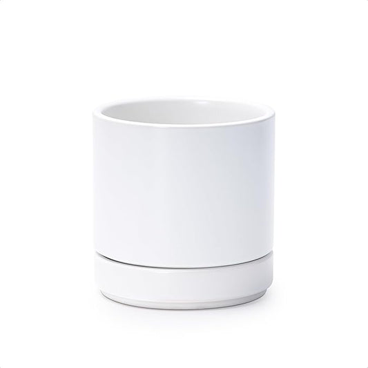 D'vine Dev 4.7 Inch Ceramic Planter Pot, White, 94-O-B-1 | Modern Cylinder Design, Drainage Hole & Saucer Included, Stable Structure, Elegant Home Accent