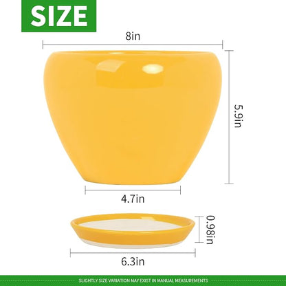 Deep Dream 8 Inch Plant Pots- Ceramic Pots for Plants with Drainage Hole and Saucer, Large Planter Pot for Indoor Plants Outdoor Decor, Yellow