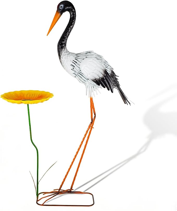 Large Heron Garden Statue for Outside,39" Crane Outdoor Statues with Leaf Tray,Metal Yard Art for Porch Backyard Patio Lawn Decor（Black+White）
