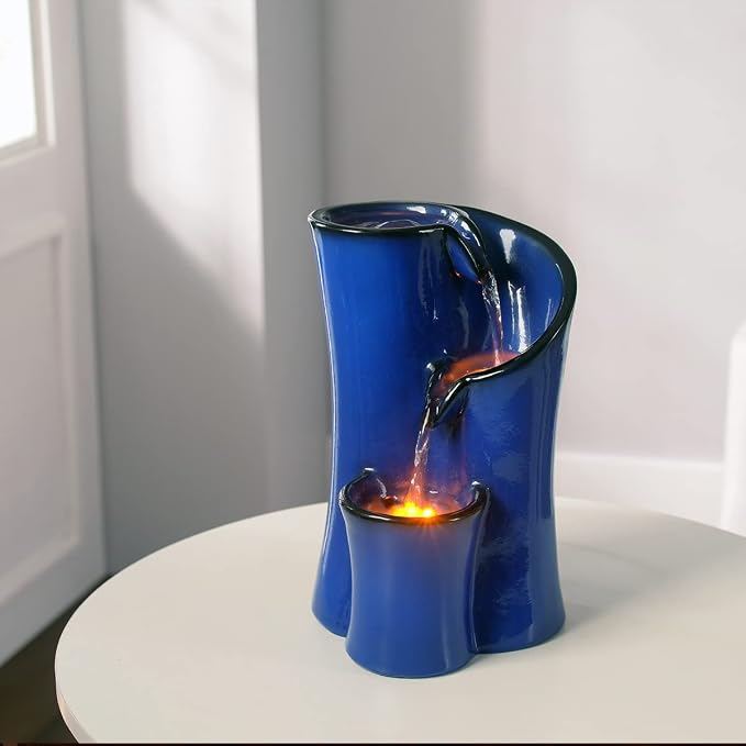 Indoor Water Fountain Imitation Ceramics Appearance Tabletop Relaxation Desktop Waterfall w/ 3 Reflective led, 9.8 Inch Tall (Blue)