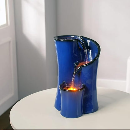 Indoor Water Fountain Imitation Ceramics Appearance Tabletop Relaxation Desktop Waterfall w/ 3 Reflective led, 9.8 Inch Tall (Blue)