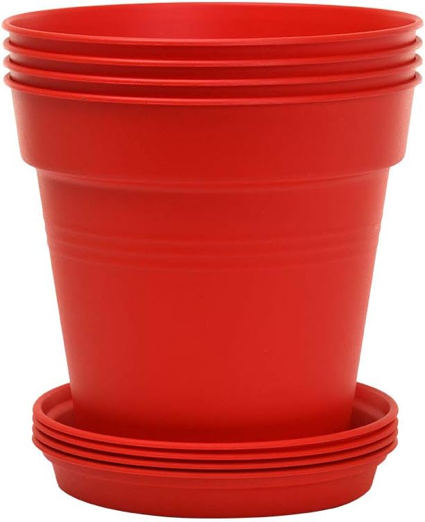 Mintra Garden Pots, 4 Pack Bulk Plastic Plant Pots with Drainage Tray, Round Indoor & Outdoor Decorative Planters with Drain Holes for Flowers, Herbs & Plants, 17cm Diameter – Red, 6.6 in