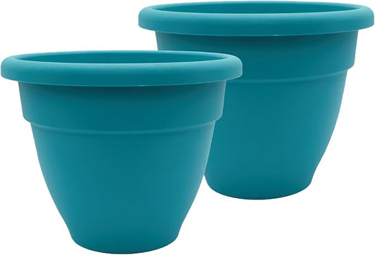 The HC Companies 10 Inch Caribbean Planter Pots with Drainage & Plug, Rolled Rim Plastic Planters for Indoor & Outdoor Plants, 2-Pack Decorative Flower Pots for Garden, Office & Home Decor, Dusty Teal