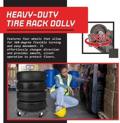 Tire Dolly - 300lb Capacity Wheel Dolly Tire Rack with Swiveling Casters - Rolling Storage Rack for Up to 4 Wheels - Shop Storage by Stalwart