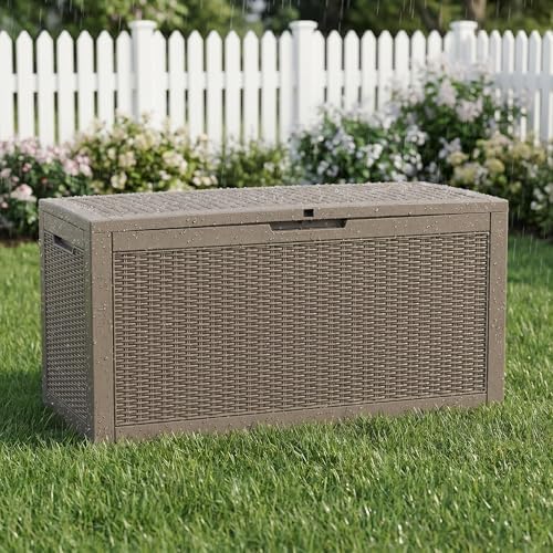 100 Gallon Deck Box, Waterproof Resin Outdoor Storage Box with Lockable Lid, Patio Storage Box with Fade Resistant for Patio Furniture Cushions, Pool Accessories, Garden Tools, Light Coffee