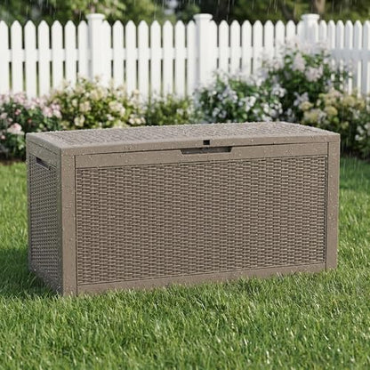 100 Gallon Deck Box, Waterproof Resin Outdoor Storage Box with Lockable Lid, Patio Storage Box with Fade Resistant for Patio Furniture Cushions, Pool Accessories, Garden Tools, Light Coffee