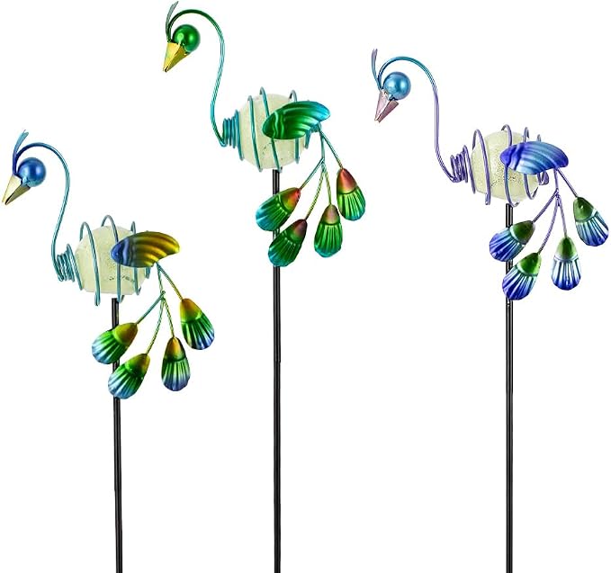 Decorative Garden Stakes, 3 Pack Glow in Dark Metal Garden Stakes | Luminous Peacock Yard Art Decor Waterproof Lawn Ornament Gifts for Mom, Women
