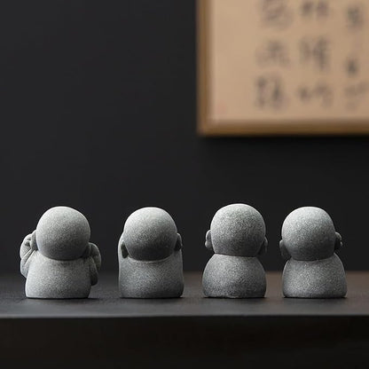 4PCS Laughing Buddha Statue for Good Luck & Feng Shui Decor – Cute Small Zen Monk Sandstone Sculpture for Home, Office, Desk, Aquarium Decor (Four no Zen Statue)