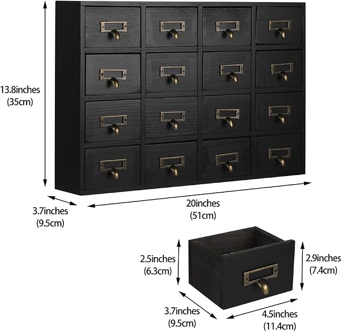 Apothecary Drawers Apothecary Cabinet with Drawers, Black | 16 Drawer Library Card Catalog, Wooden Storage Box, Wooden Desktop Organizer with Metal Handles-Fulled Assembled