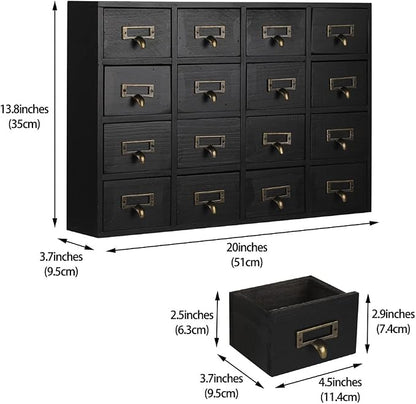Apothecary Drawers Apothecary Cabinet with Drawers, Black | 16 Drawer Library Card Catalog, Wooden Storage Box, Wooden Desktop Organizer with Metal Handles-Fulled Assembled