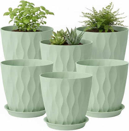 Plant Pots 8 Inch, 6 Pack Plastic Flower Pots for Indoor & Outdoor Plants, Planters with Drainage Holes and Saucer, Garden Pot for Plants (Green)