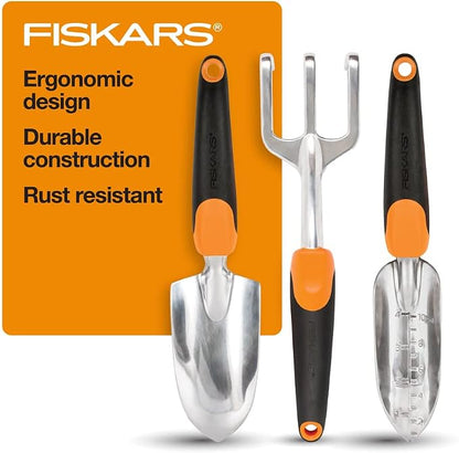Fiskars 751220-1001 Pro IsoCore Pick/Mattock, 1.5 lb, Orange/Black & 384490-1002 Garden Scratch Tool Set with Shovel, Hand Rake and Spade for Weed Removal, Digging, Gardening, Black/Orange