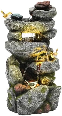 AUTODAYA 31.5" H Multi-Tier Rock Outdoor Fountain with LED Lights&Birds | Unique Water Feature with both Cascading Waterfall and Rainy Look Waterfall for Patio, Backyard, Garden or Porch
