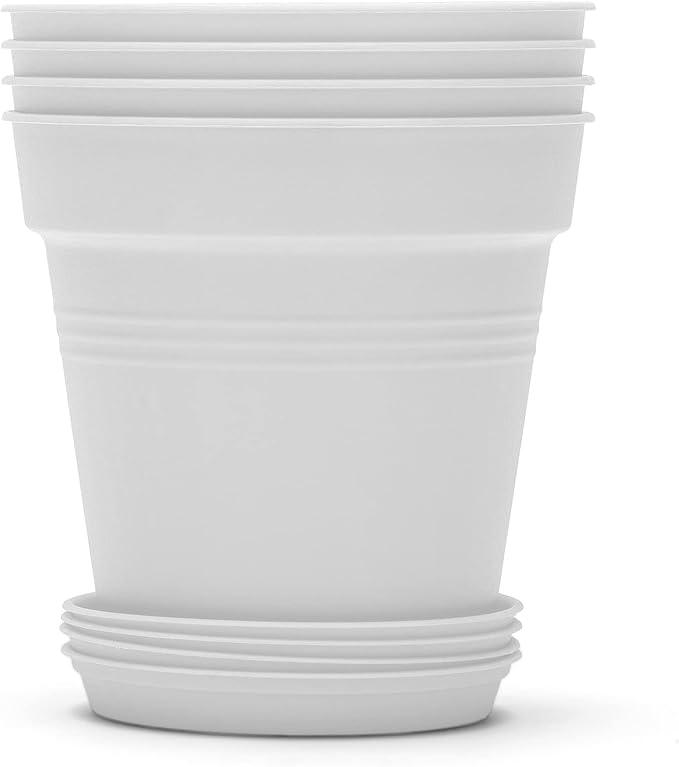 Mintra Garden Pots, 4 Pack Bulk Plastic Plant Pots with Drainage Tray, Round Indoor & Outdoor Decorative Planters with Drain Holes for Flowers, Herbs & Plants, 13cm Diameter – White, 5 in