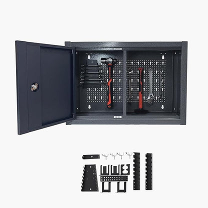JZD Metal Wall Cabinet with Two Removable Shelves for Tool Organization, Included 22 Hooks, for Mechanics Garage Utility Room