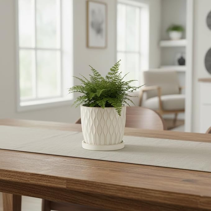 Nihow Ceramic Plant Pots with Drainage Hole & Saucer, 4.75 Inch, White-3 | Small,Embossed Design, For Succulent, Cactus, Little Snake, Indoor Plants