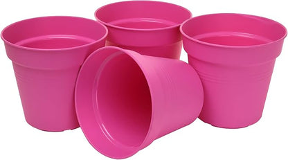 Mintra Garden Pots, 4 Pack Bulk Plastic Plant Pots with Drainage Tray, Round Indoor & Outdoor Decorative Planters with Drain Holes for Flowers, Herbs & Plants, 19cm Diameter – Fuchsia, 7.5in Wide