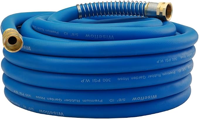 Wiseflow Garden Hose 50FT x 5/8", Heavy Duty Rubber Hose, Water Hose with Five Layered Braiding, Male Female Fittings, 1000PSI Burst, 300PSI Working for Yard, Car Wash, Pets (Blue)