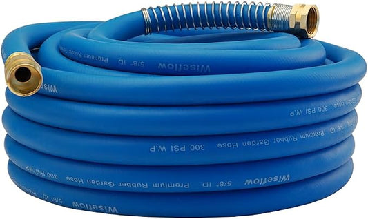 Wiseflow Garden Hose 50FT x 5/8", Heavy Duty Rubber Hose, Water Hose with Five Layered Braiding, Male Female Fittings, 1000PSI Burst, 300PSI Working for Yard, Car Wash, Pets (Blue)