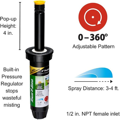 Rain Bird 1804AP4PRS Pressure Regulating (PRS) Professional Pop-Up Sprinkler, Adjustable 0-360° Pattern, 3' - 4' Spray Distance, 4" Pop-up Height