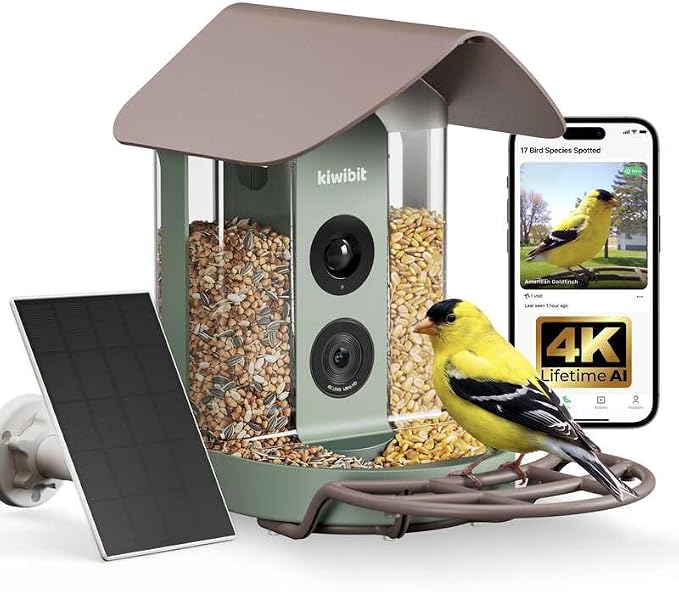 Kiwibit Smart Bird Feeder with 4K AI Camera Solar Powered, No Subscription | Lifetime AI Identification Bird Species, 4K Live Stream, 8MP Photos, Real-Time Bird Visit Alert, Backyard Birdwatching Gift
