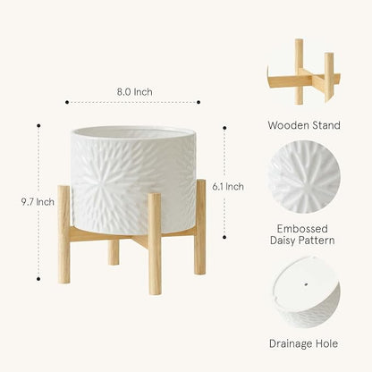 LA JOLIE MUSE White Planter with Stand,Mid Century Planters for Indoor Plants,Ceramic Plant Pot with Stand - 8 Inch Unique Modern Flower Pots Indoor with Drainage Holes