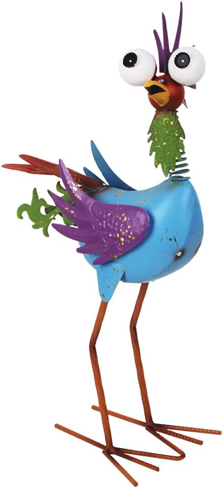 Metal Wacky Rooster Garden Statue for Patio, Backyard, Lawn | 17'' Rooster Decor, Yard Statue Decorations Outdoor, Chicken Yard Art, Blue & Purple