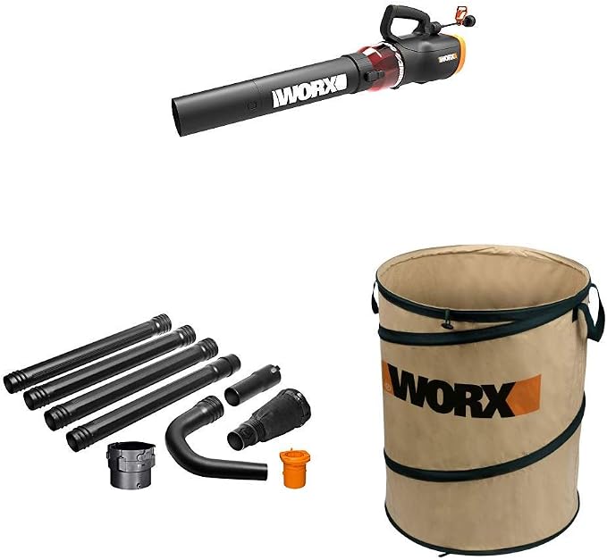 WORX WG520 Turbine 600 Electric Leaf Blower, Black with WA4094 GUTTERPRO Universal Gutter Cleaning Kit, 11’ Reach WA0030 Landscaping 26-Gallon Collapsible Yard Waste Bag/Leaf Bin, Tan