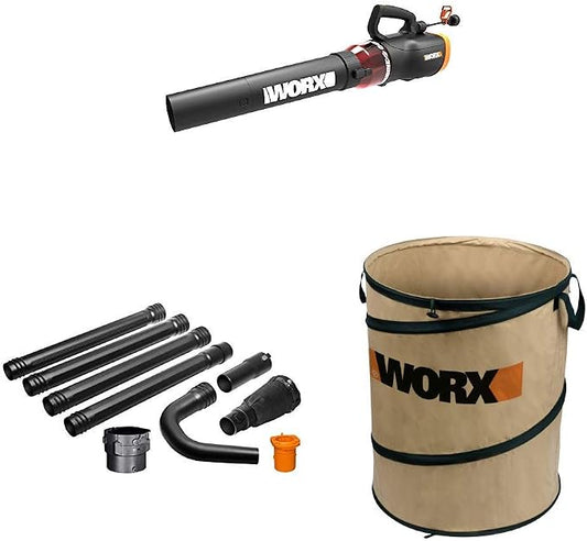 WORX WG520 Turbine 600 Electric Leaf Blower, Black with WA4094 GUTTERPRO Universal Gutter Cleaning Kit, 11’ Reach WA0030 Landscaping 26-Gallon Collapsible Yard Waste Bag/Leaf Bin, Tan