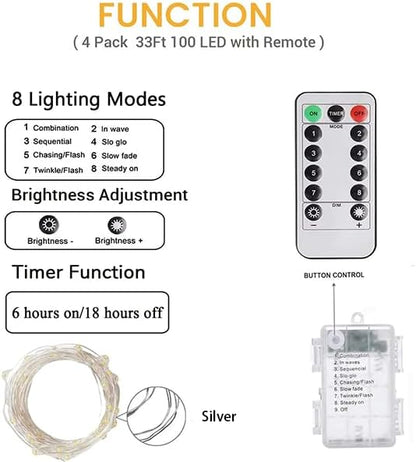 2 Pack Fairy Lights Battery Operated with Remote 33FT 100 LED Cool White | Remote Control, 8 Modes, Timer, Adjustable brightness, Waterproof Lights for Indoor Outdoor Classroom Christmas Decor